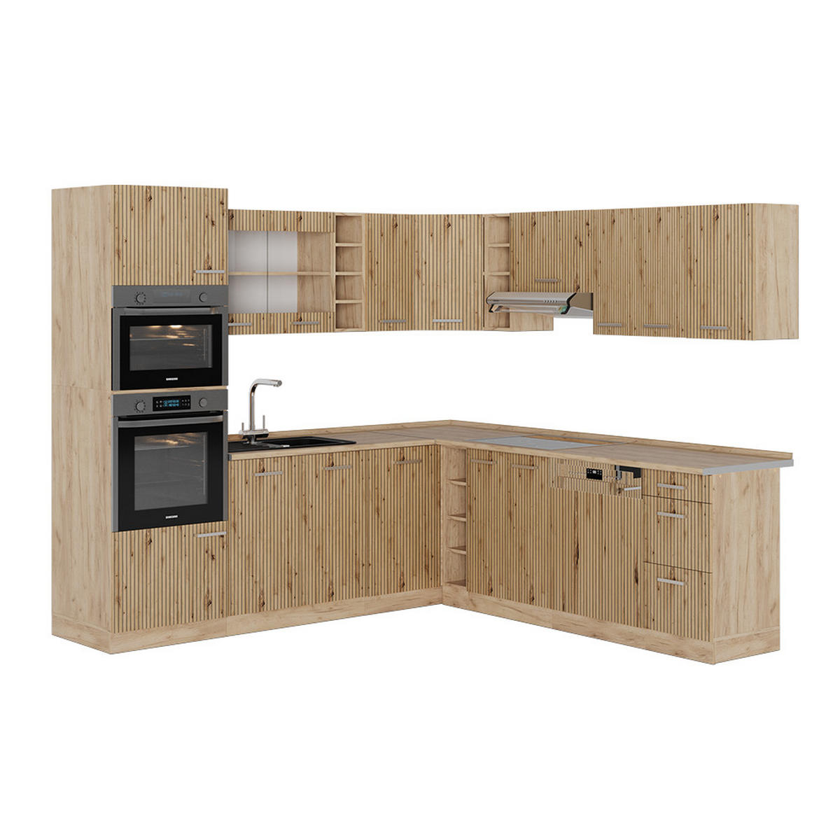 EINBAUKÜCHE R-Line Artisan-Eiche/Goldkraft Eiche 237 x 247 cm ohne AP - Eiche Wotan/Eiche Artisan, Holzwerkstoff (247/81.6/46cm) - Vicco
