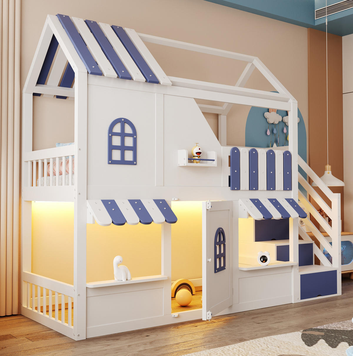 ETAGENBETT 90/200 cm mit LED, Stauraumleiter und Regalen im Hausdesign, Weiß/Blau - Weiß, Holzwerkstoff (90/200cm) - Redom