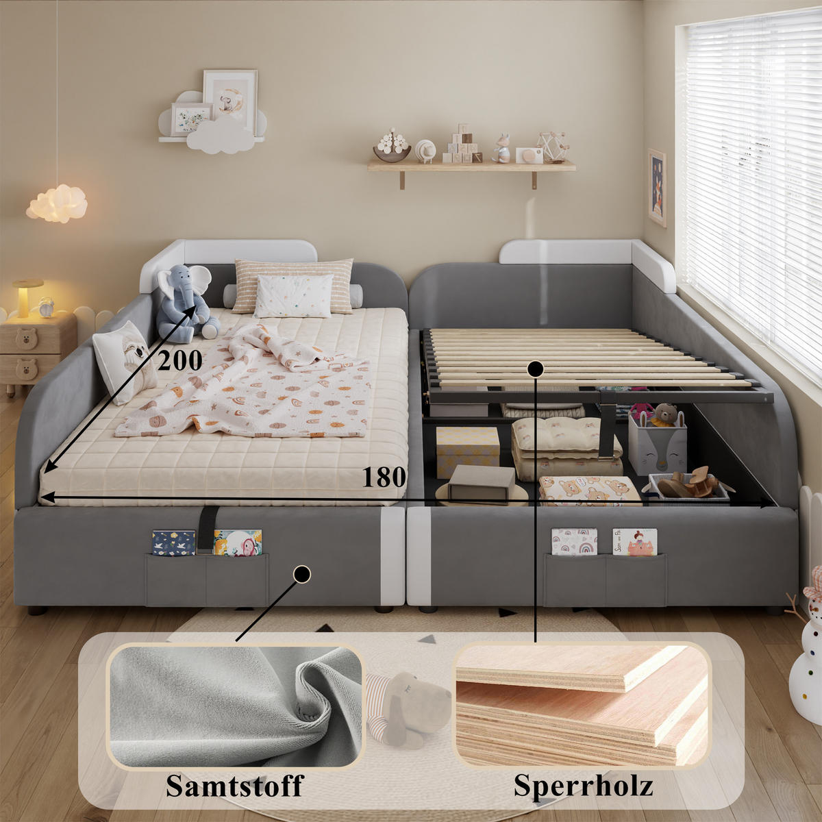 POLSTERBETT 90x200 cm Stauraum hydraulisch Set - Weiß, Textil (90/200cm) - LEBENLANG