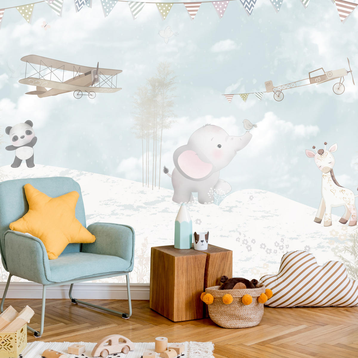 FOTOTAPETE für Kinderzimmer Boho Elefant Panda Giraffe Pflanze Flugzeug 500x350 - Multicolor, Papier (500/350cm) - Muralo