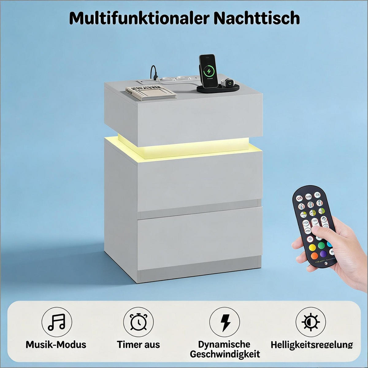 NACHTTISCH Weiß mit Steckdosen und USB-Anschlüssen - Nachtschrank mit LED-Beleuchtung mit 2 Schubladen - Weiß, Holzwerkstoff (40/55/35cm) - DELFA
