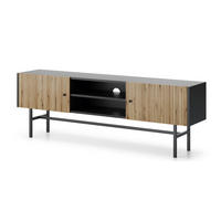LOWBOARD Dinley 2T Schwarz, Braun 155/52/35 cm – mit langen Beinen und Lamellenfront - Schwarz/Braun, Holzwerkstoff/Metall (155/52/35cm) - AX Living