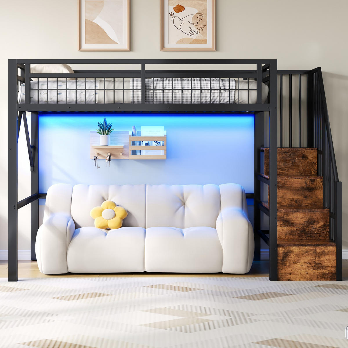HOCHBETT 90/200 cm in Schwarz mit LED und Treppe mit Stauraum - Schwarz, Holzwerkstoff/Metall (90/200cm) - STILVORA