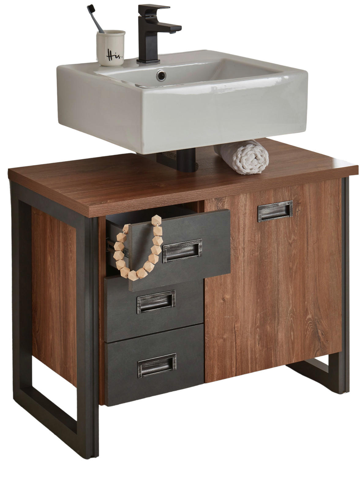 WASCHBECKENUNTERSCHRANK Eiche Stirling, Matera grau, Badmöbel Unterschrank 81 x 62 cm - Eichefarben/Grau, Holz/Holzwerkstoff (81/62/40cm)