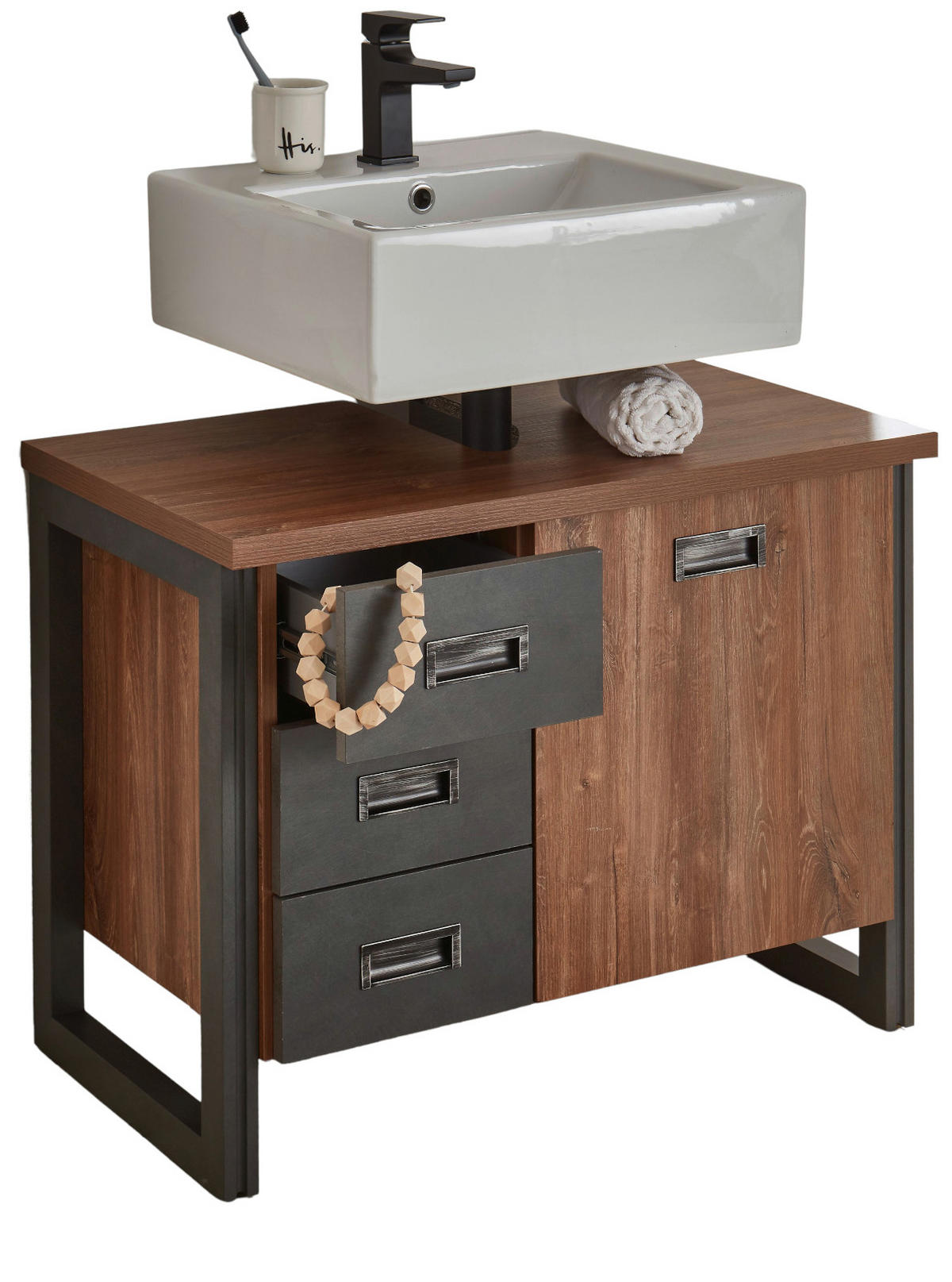 WASCHBECKENUNTERSCHRANK Eiche Stirling, Matera grau, Badmöbel Unterschrank 81 x 62 cm - Eichefarben/Grau, Holz/Holzwerkstoff (81/62/40cm)