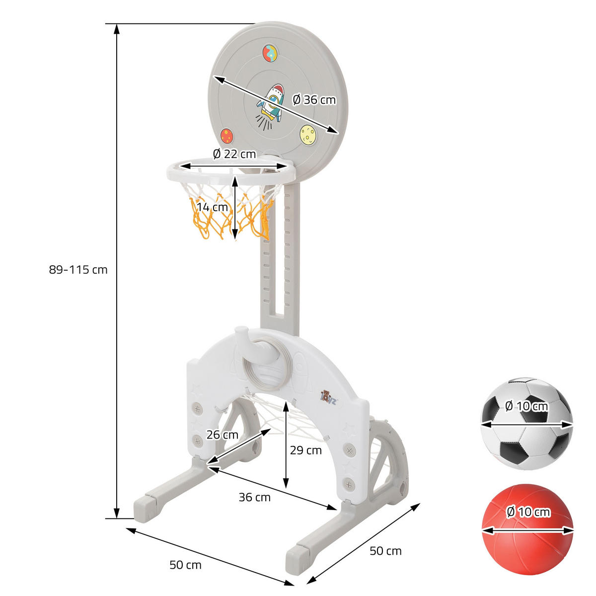 DĚTSKÁ BASKETBALOVÁ KOŠOVÁ SADA 50x89–115x50 cm z plastu, šedá-bílá - šedá, plast (50/50cm) - Joyz