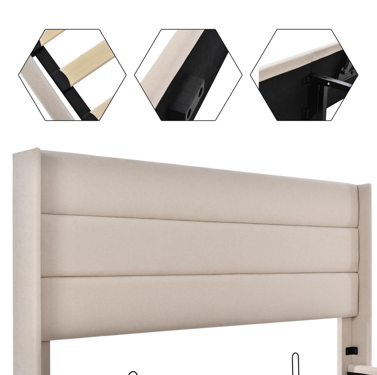 POLSTERBETT 140/200 cm Beige mit Stauraum aus Leinen und gepolstertem Kopfteil - Beige, Textil (140/200cm) - Flora Grace
