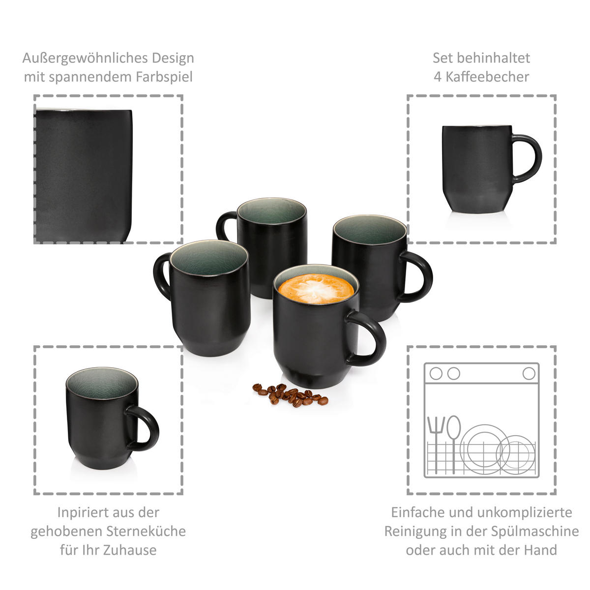 KAFFEEBECHER SET HELSINKI - 4 teilig aus Steingut - Dunkelgrau, Keramik (33.5/33/38cm) - Sänger