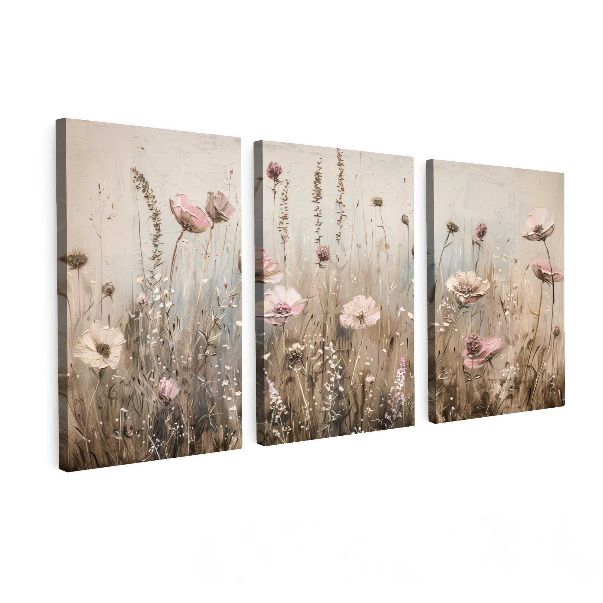 LEINWANDBILD 3er Set Blumen - Beige - Modern - Rosa 120x60 cm - Ecru, Textil (120/60cm) - MuchoWow