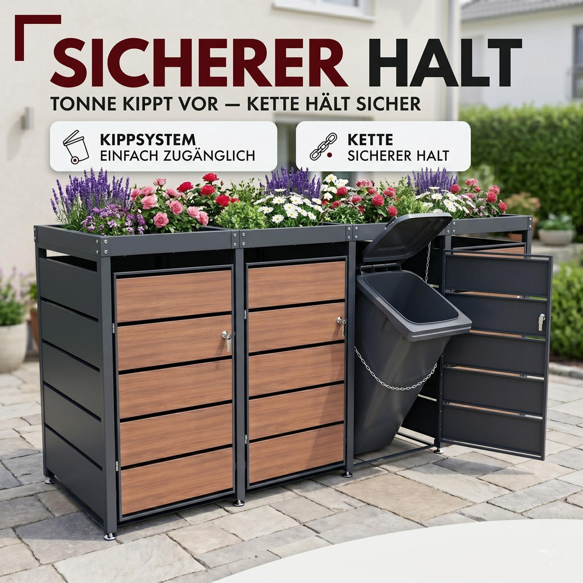 MÜLLTONNENBOX mit Pflanzkasten 4er, MTP4 - Anthrazit, Metall (260/116/80cm) - Albatros