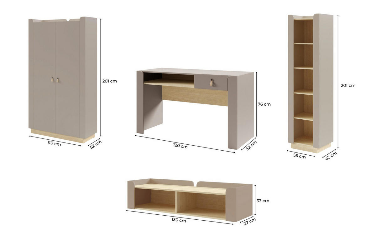 JUGENDZIMMER-SET SOVI E 4-teilig in Porcini / Eiche Mavelie - Eichefarben/Braun, Holzwerkstoff (285/201/52cm) - Deine Möbel 24