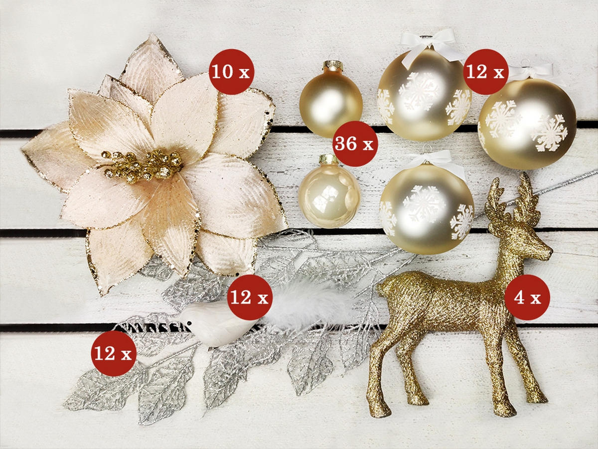 LAALU CHRISTBAUMKUGEL-SET 120 Stück in Luxusbox SOFT TONES für Weihnachtsbäume 240-270 cm - Silberfarben/Weiß, Kunststoff/Metall (55/50/75cm) - LAALU