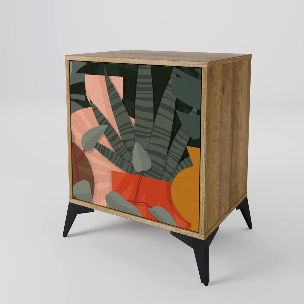 SIDEBOARD TROPICAL COMPOSITION, Eichefarben, 57,5x42x67,5 cm, Schwarze Metall-Rahmenfüße - Eichefarben/Multicolor, Holzwerkstoff/Metall (57.5/67.5/42cm) - SpaceRebels