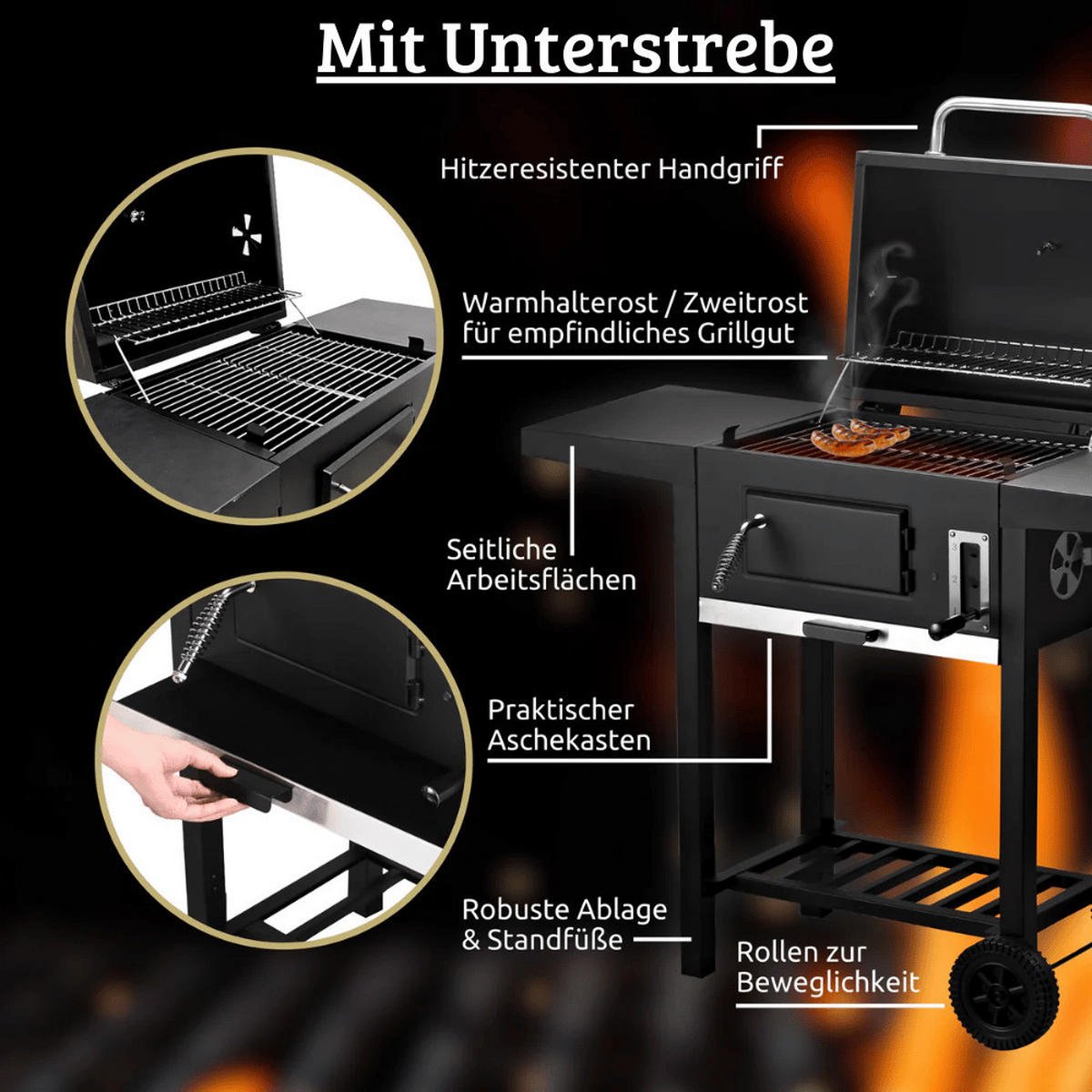 HOLZKOHLEGRILL mit Deckel OLLI Grillwagen Edelstahl-Griff - Schwarz, Metall (105/96/50cm) - DELUKE