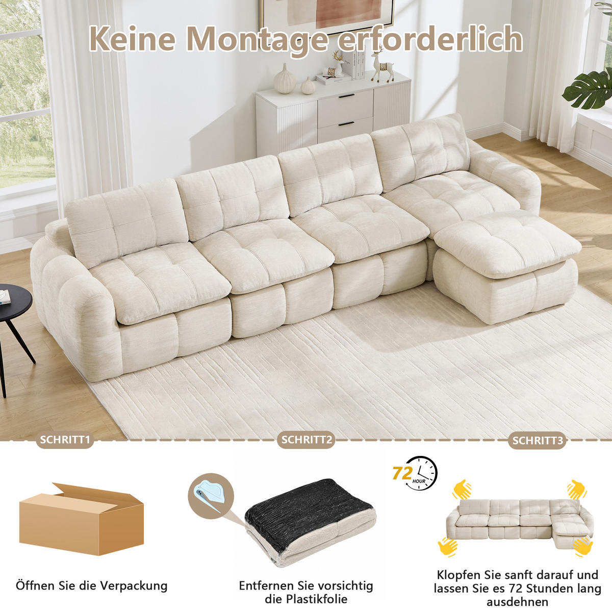 ECKSOFA 334/160/68 cm Beige Chenille mit 1 Fußhocker - Beige, Textil (334/160cm) - Oxeza