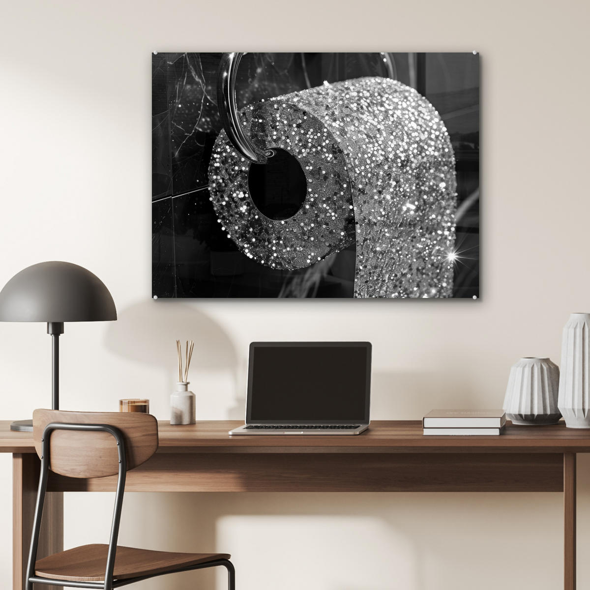 ACRYLGLASBILD WC - Toilettenpapier - Schwarz und weiß - Glitter 80x60 cm - Silberfarben, Glas (80/60cm) - MuchoWow