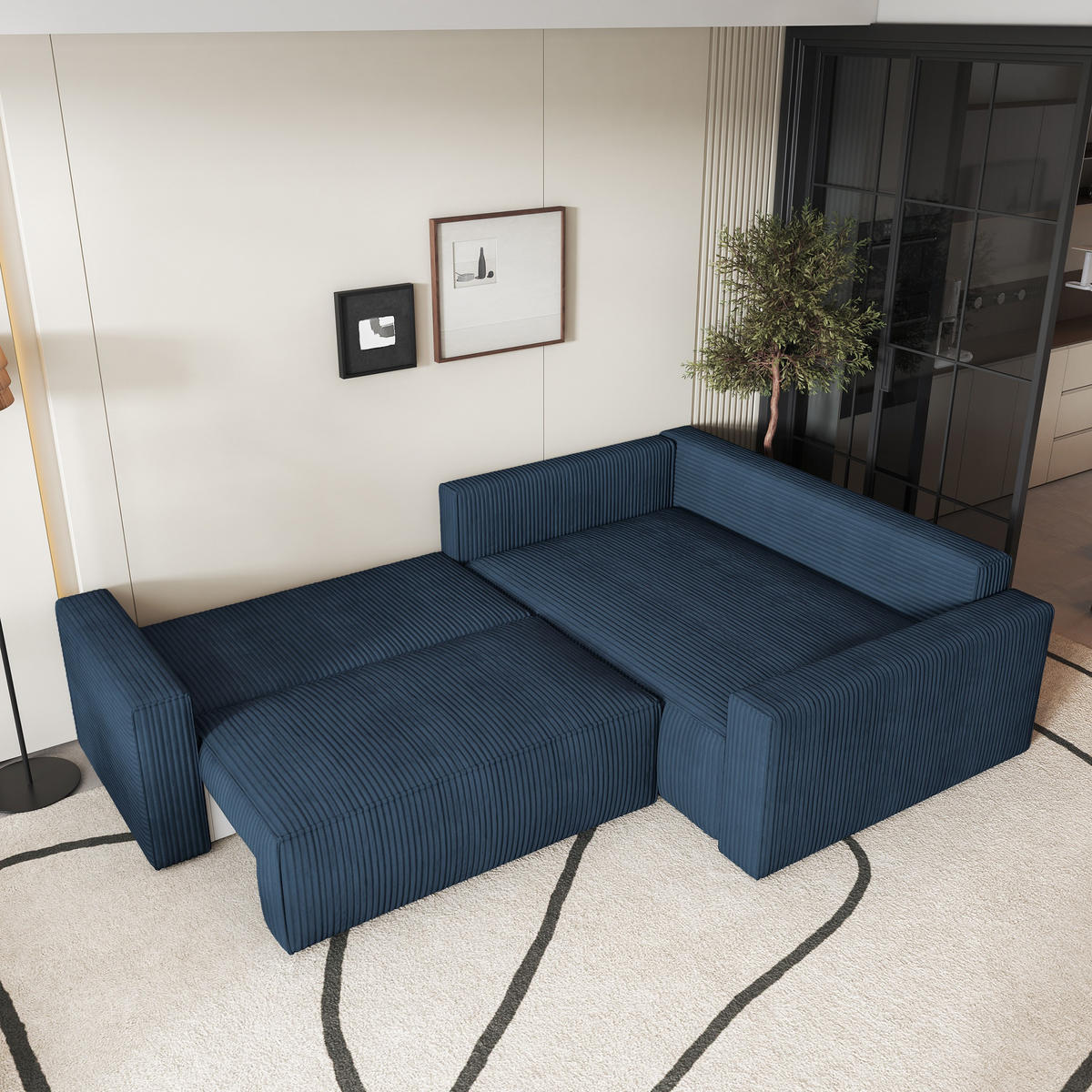 ECKSOFA ERONIS R-S Blau Kordstoff mit Schlaffunktion - Blau, Holz (265/194cm) - MASSENO