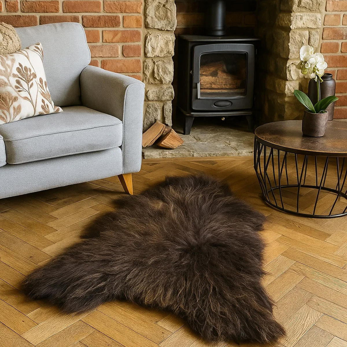 SCHAFFELL Ganzes Island Lammfell Langhaarig Dunkelbraun/Goldbraune Spitzen 100–120 cm - Dunkelbraun/Goldfarben, Fell (70/140cm) - Provellus