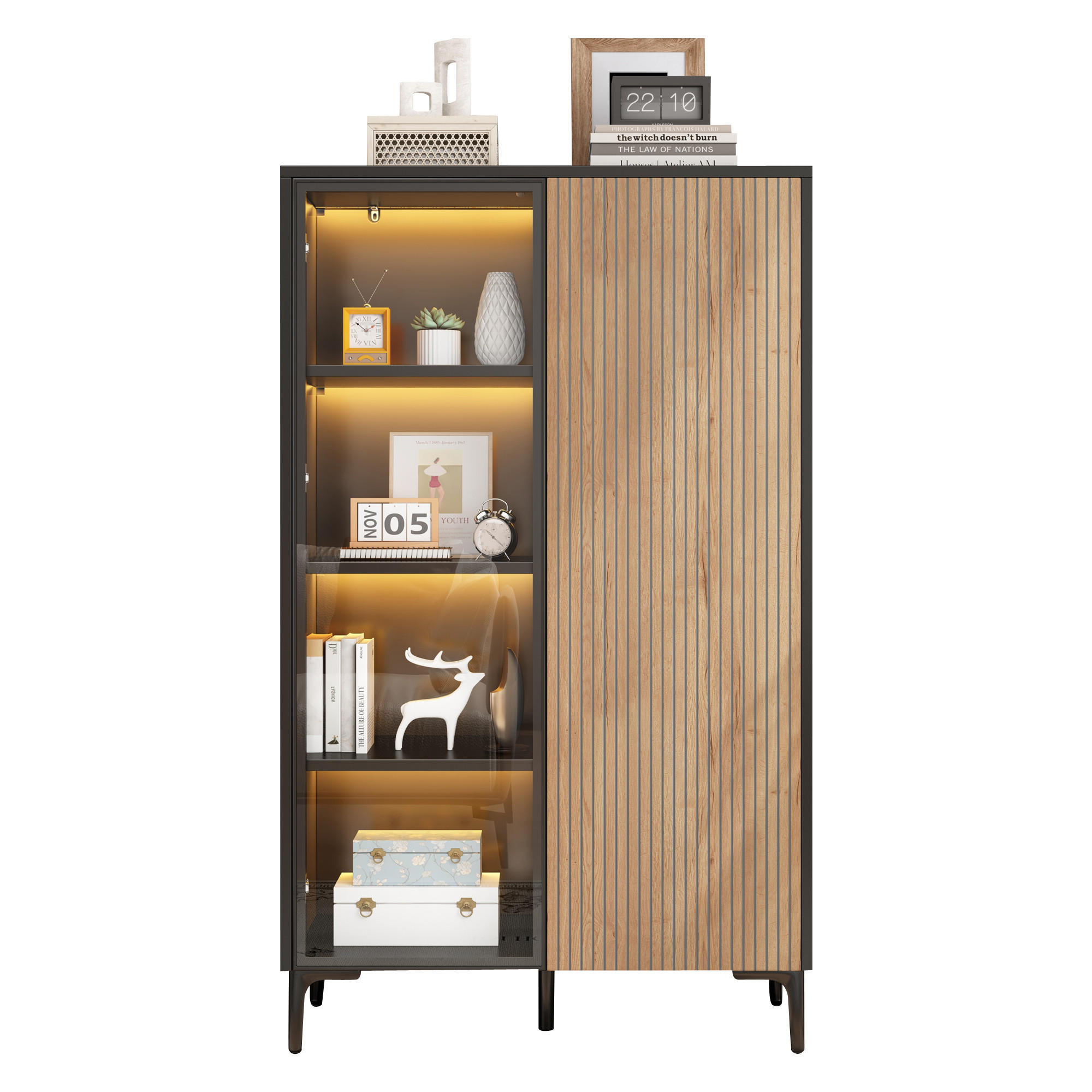 Flieks Vitrine Schwarz, Natur 90x135x40 cm