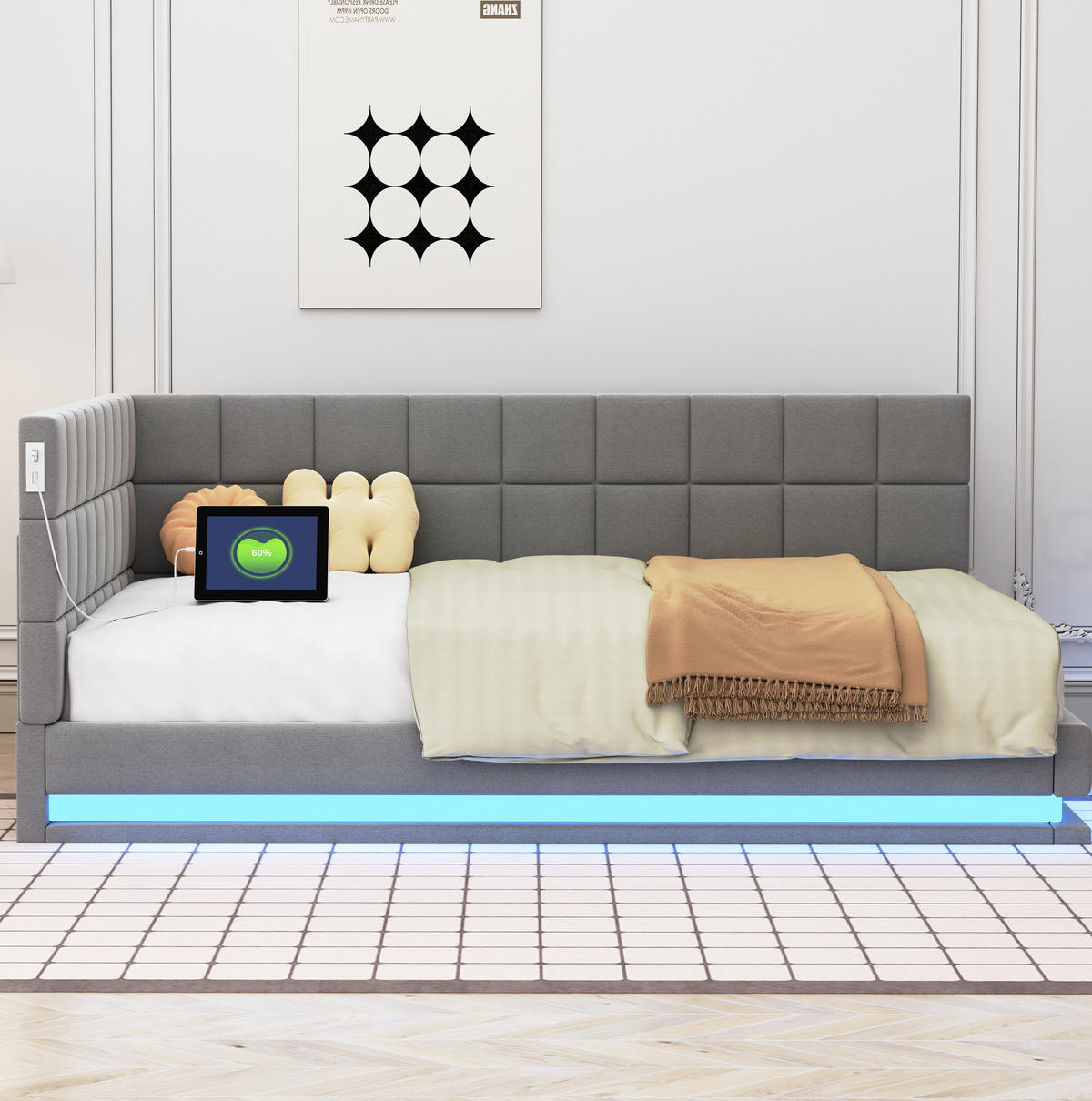 POLSTERBETT 140/200 cm aus Leinen mit LED-Lichtleiste, USB-Steckdose und Lattenrost Grau - Grau, Textil (140/200cm) - Modenvie