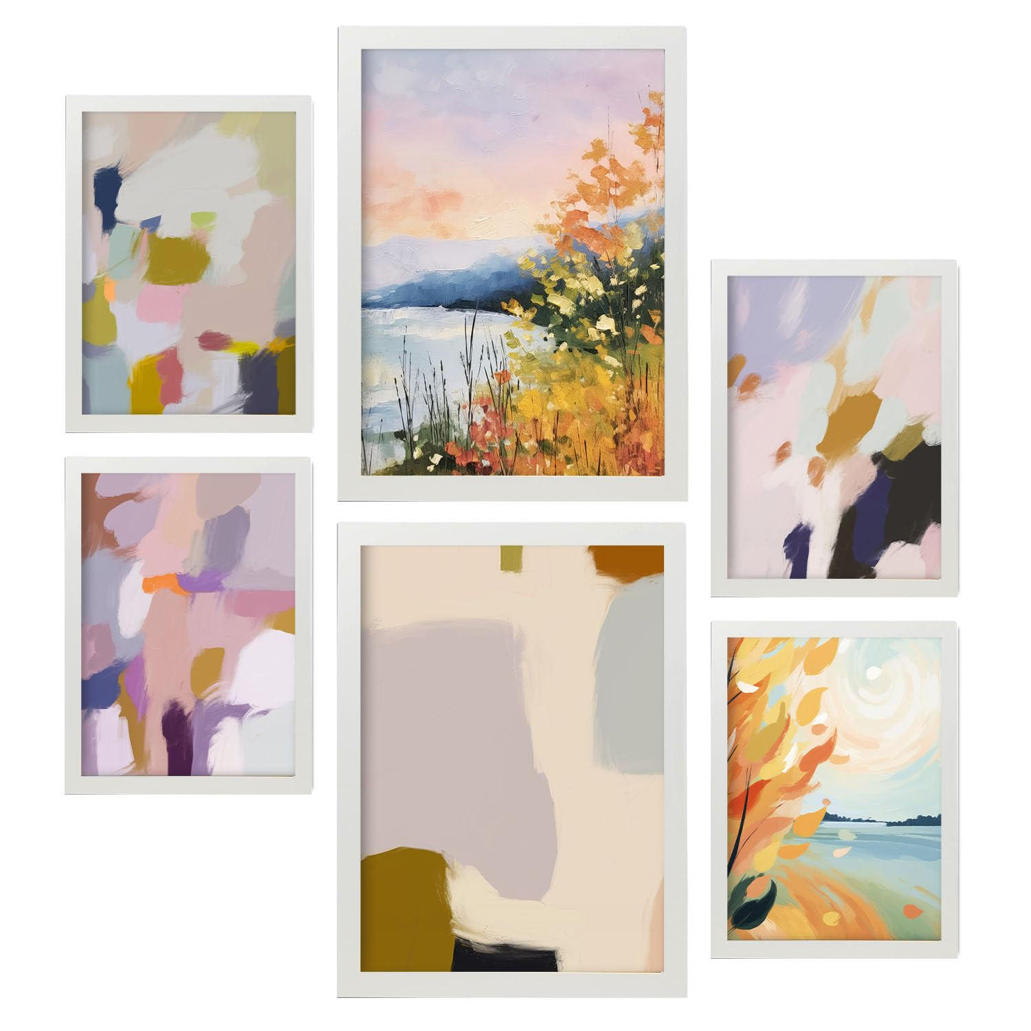 POSTER Set Mit 6 See Sonnenuntergang In Zusammenfassungen A3 & A4 Weißer Rahmen - Weiß, Papier (29/3cm) - Nacnic