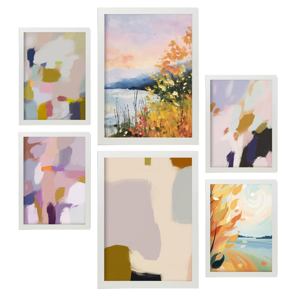 POSTER Set Mit 6 See Sonnenuntergang In Zusammenfassungen A3 & A4 Weißer Rahmen - Weiß, Papier (29/3cm) - Nacnic