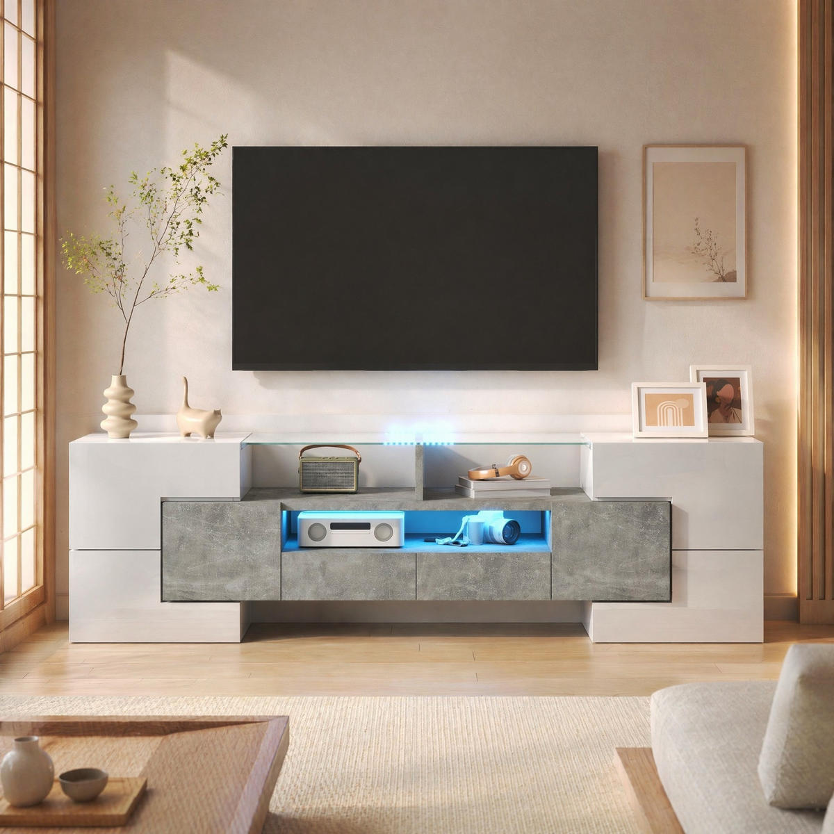 LOWBOARD in Weiß TV Schrank mit LED, hochglänzend, Glasoberfläche für Wohnzimmer, 145/B30/H51cm - Weiß, Glas/Holzwerkstoff (145/51/30cm) - STILVORA