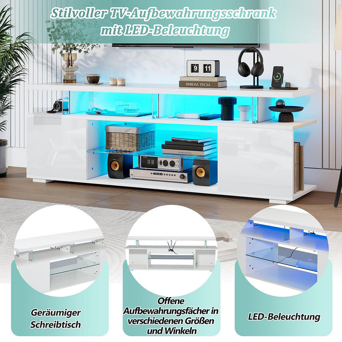 TV-STÄNDER mit LED-Beleuchtung in Reinweiß - Weiß, Holz (40/53/150cm) - KOMHTOM