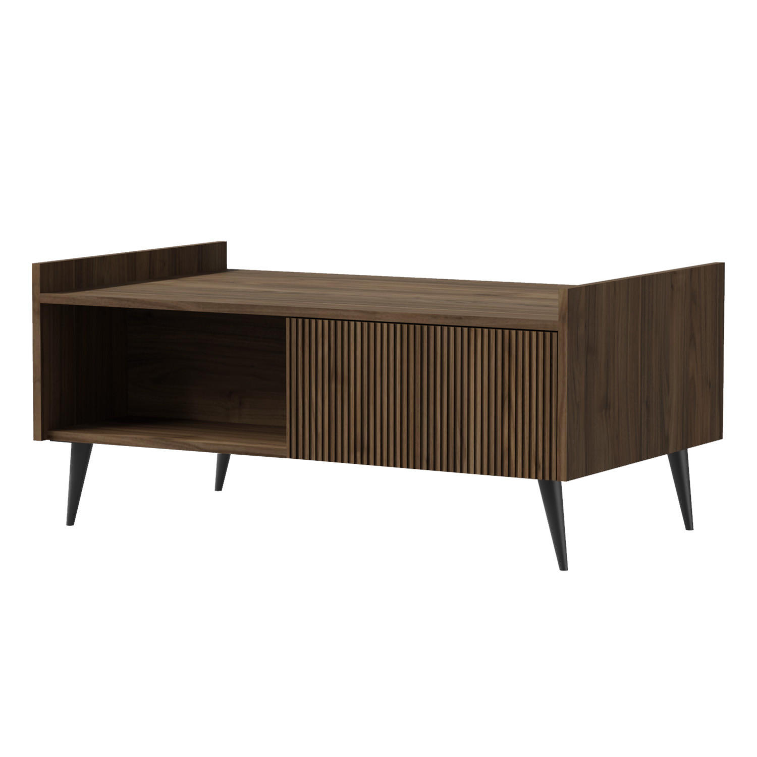 COUCHTISCH Amfali mit 1 Tür und offener Ablage, geriffelte Fronten, Push-to-open, Metallbeine, 100 cm, Walnussfarben - Walnussfarben/Schwarz, Holzwerkstoff/Metall (60/100/45cm) - Beautysofa
