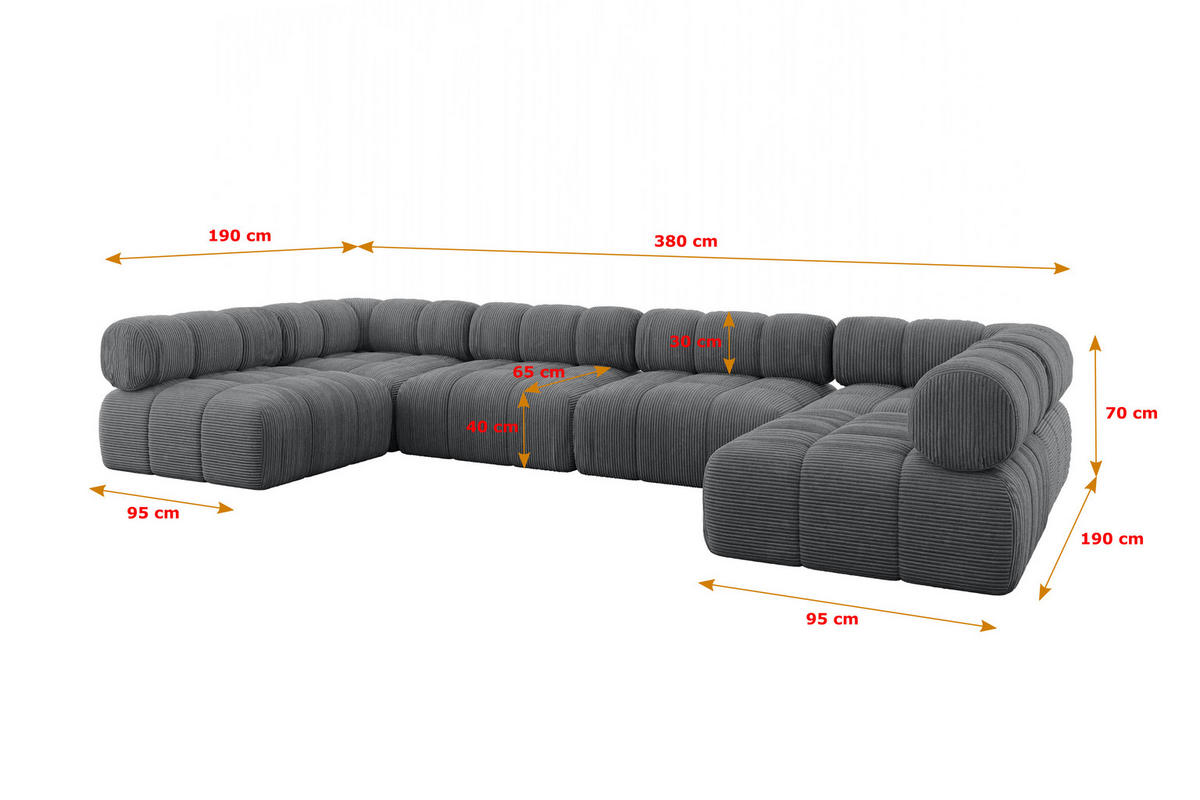 WOHNLANDSCHAFT modulares Sofa Garvo-U2 - 380x190x70 cm Dunkelgrau Cord - Dunkelgrau, Holzwerkstoff/Textil (380/70/190cm) - ALTDECOR