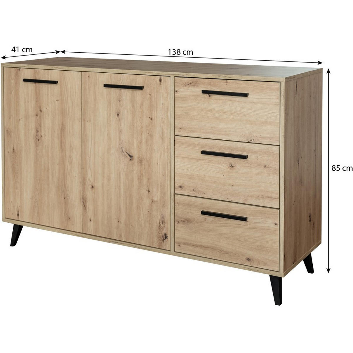 KOMMODE Kavo mit 2 Türen und 3 Schubladen, eiche Sonoma - Schwarz/Sonoma Eiche, Holzwerkstoff (138/85/41cm) - Beautysofa