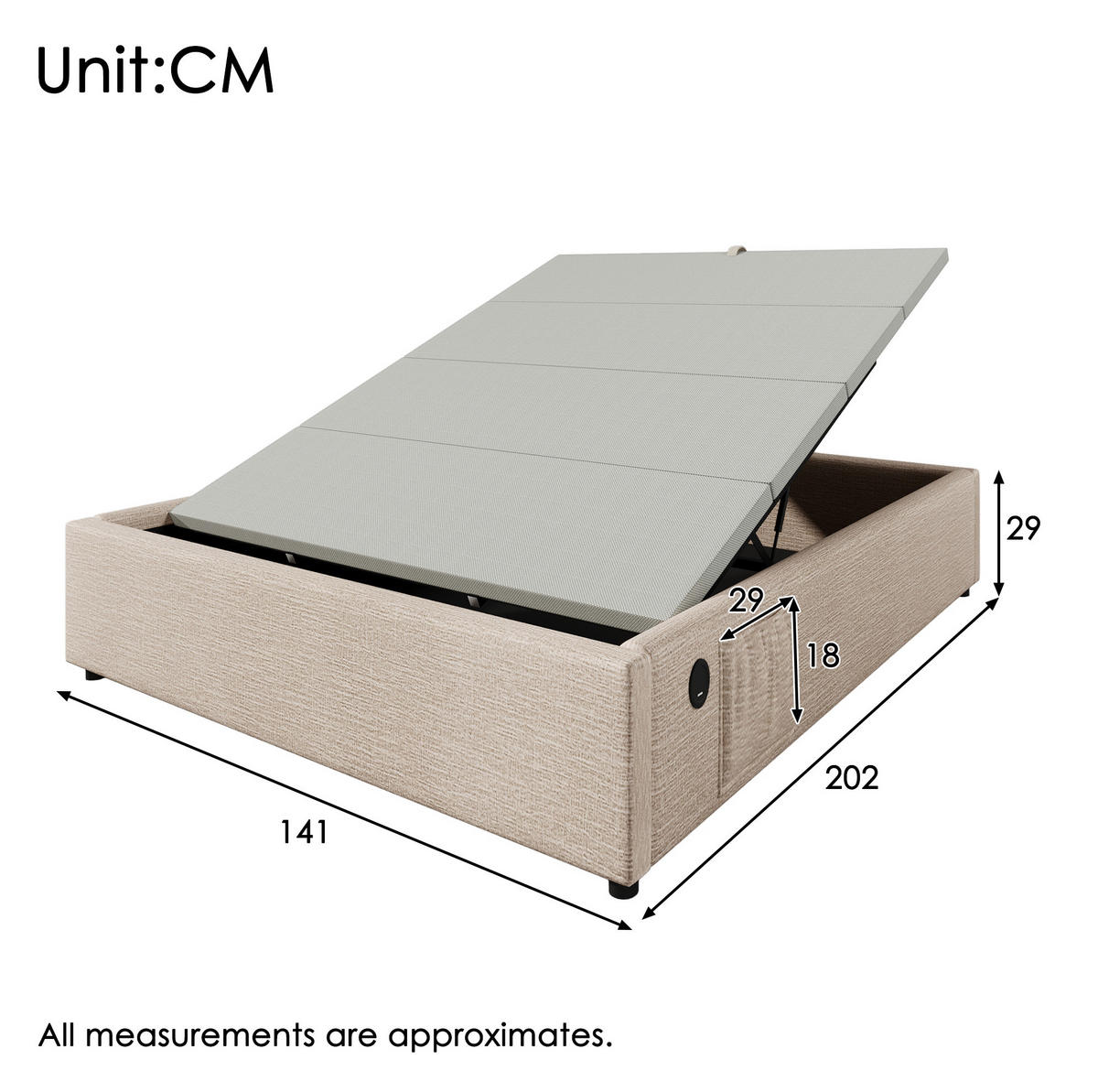 POLSTERBETT 140/200 cm aus Leinen mit Stauraum, USB- und Type-C-Anschlüssen - Beige, Textil (140/200cm) - Flora Grace