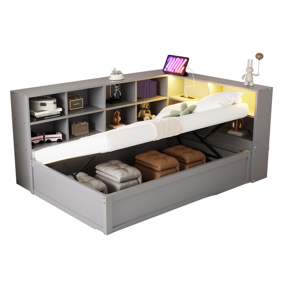 BETT mit hydraulischem Bett und LED-Beleuchtung Grau 90/200 cm - Grau, Holz (90/200cm) - OKWISH