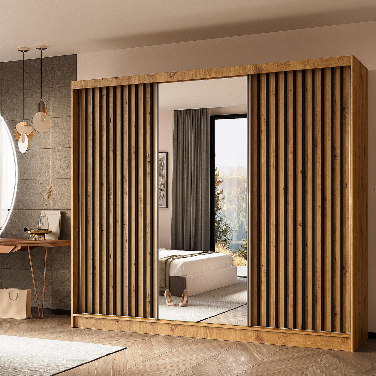 SCHWEBETÜRENSCHRANK LAMELLO 240/216/61 cm 3-türig mit Spiegel Eiche Artisan - Eiche Artisan, Holzwerkstoff (240/216/61cm) - MASSENO