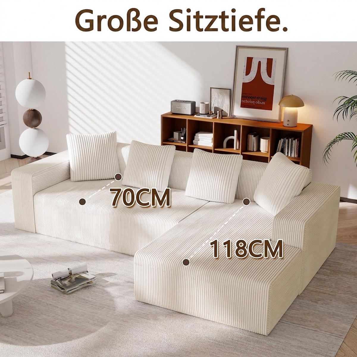 ECKSOFA 261/146/65 cm Weiß Cord mit L-Liegestühlen - Weiß, Textil (261/146cm) - Oxeza