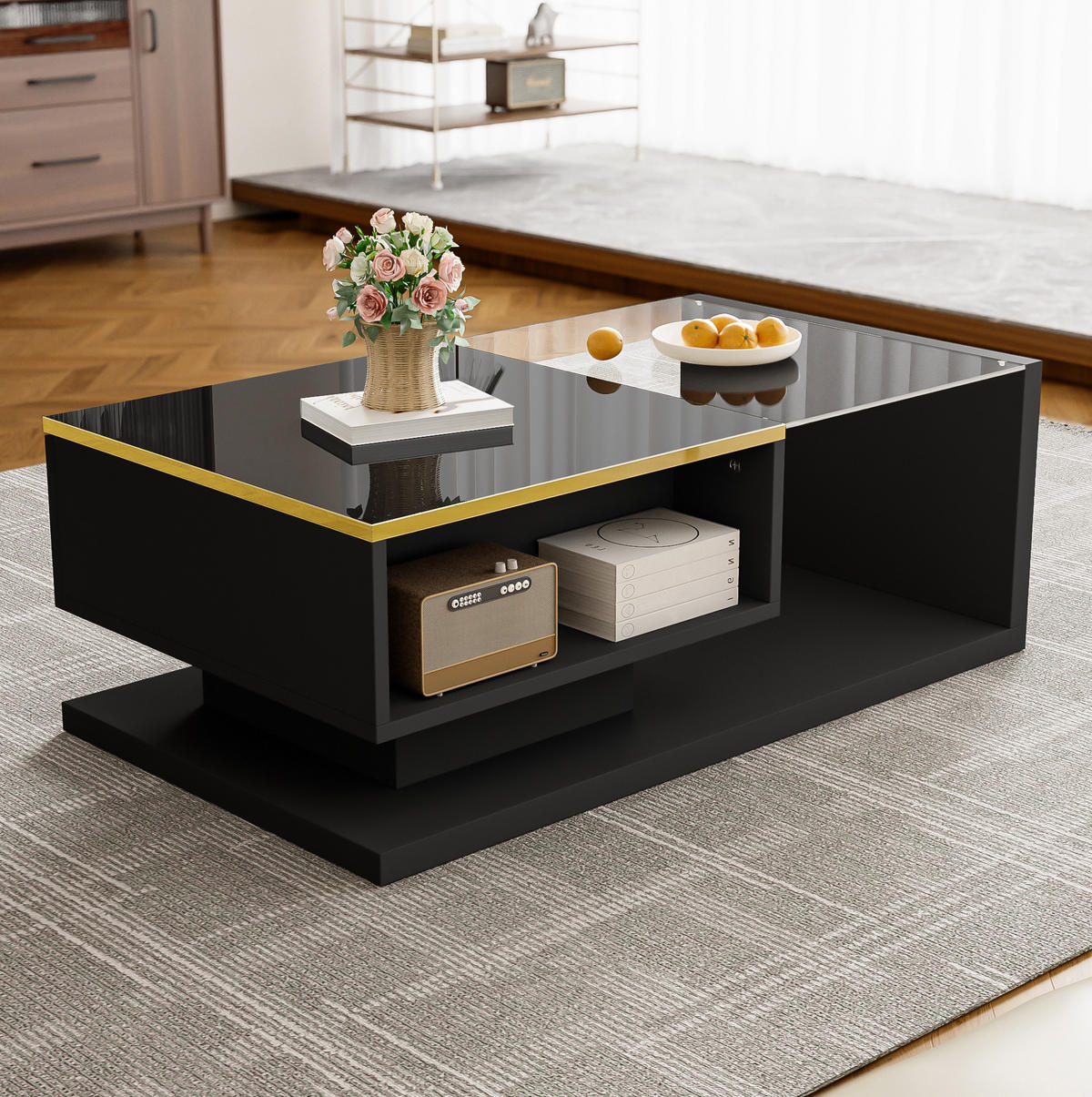 COUCHTISCH 90/50/32,5 cm in Hochglanz-Schwarz mit Glas und LED-Beleuchtung - Schwarz, Holzwerkstoff (90/50/32.5cm) - Flora Grace