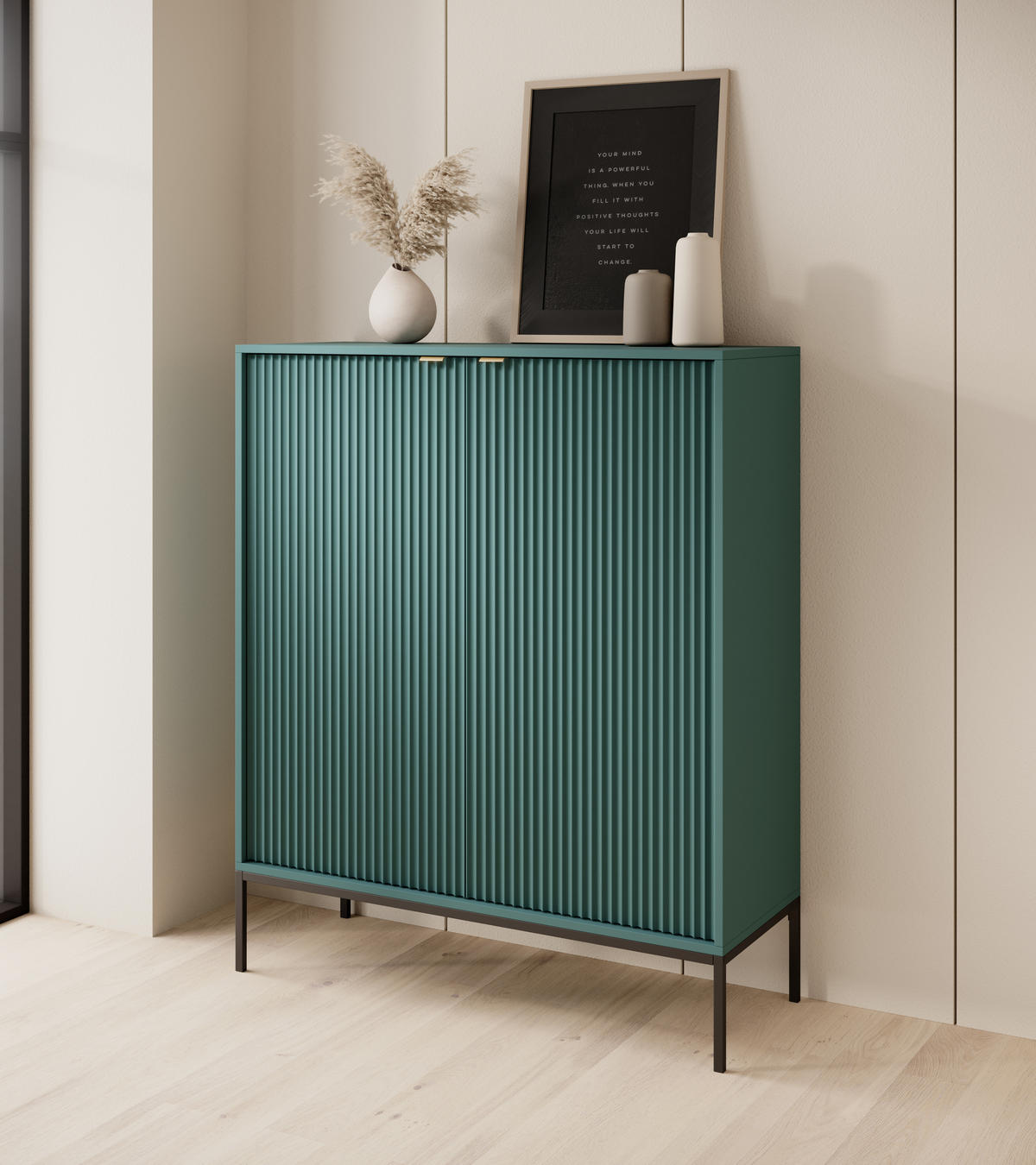 HIGHBOARD Nova Grün, Schwarze Beine und Goldene Griffe - Goldfarben/Schwarz, Holzwerkstoff/Metall (104/125/39cm) - Bettso
