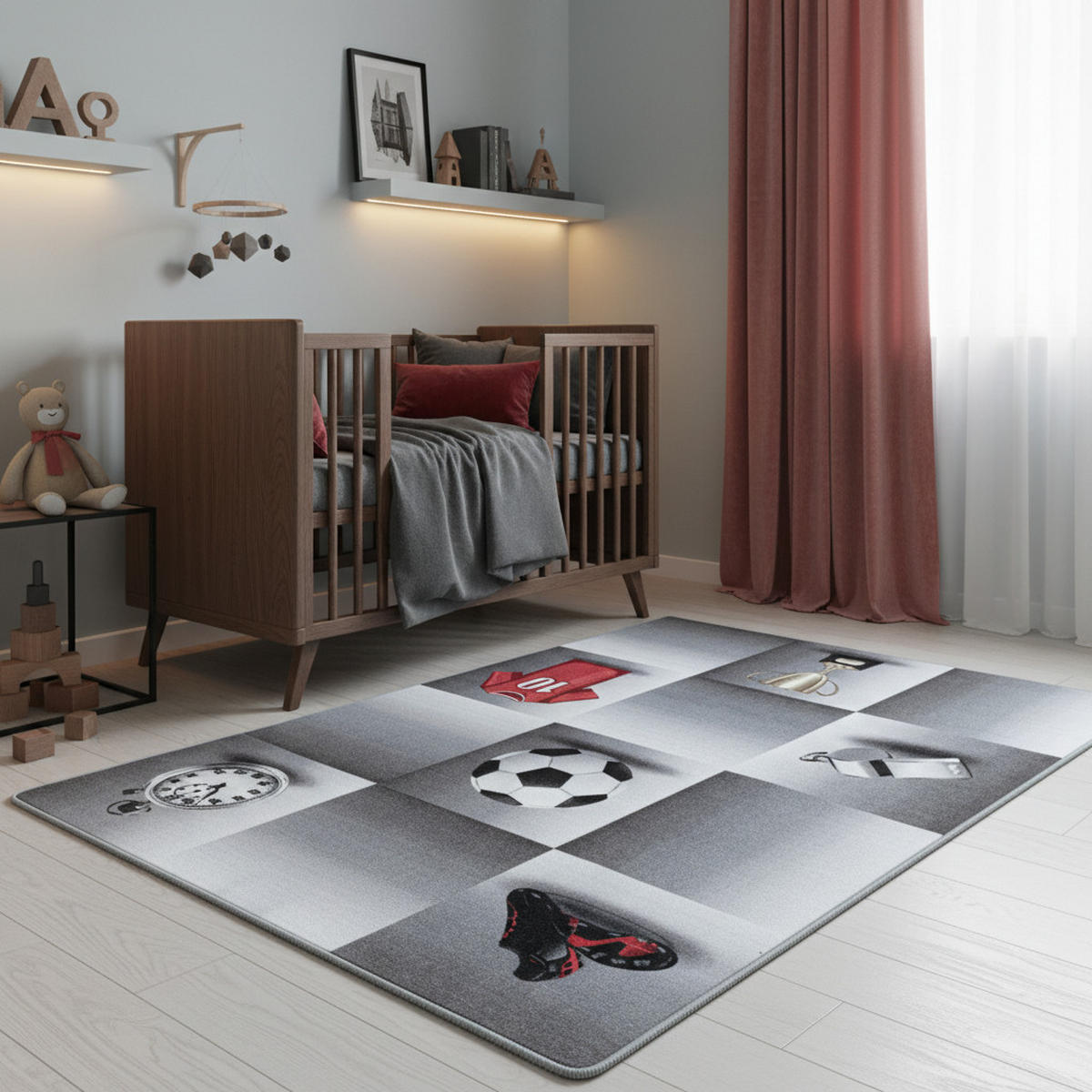 TEPPICH Kinderzimmer Fußball Bunt Waschbar Spielzimmer Strapazierfähig Grau 100x150 cm Flur – TRAUN - Grau, Textil (100/150cm) - KADIMA DESIGN