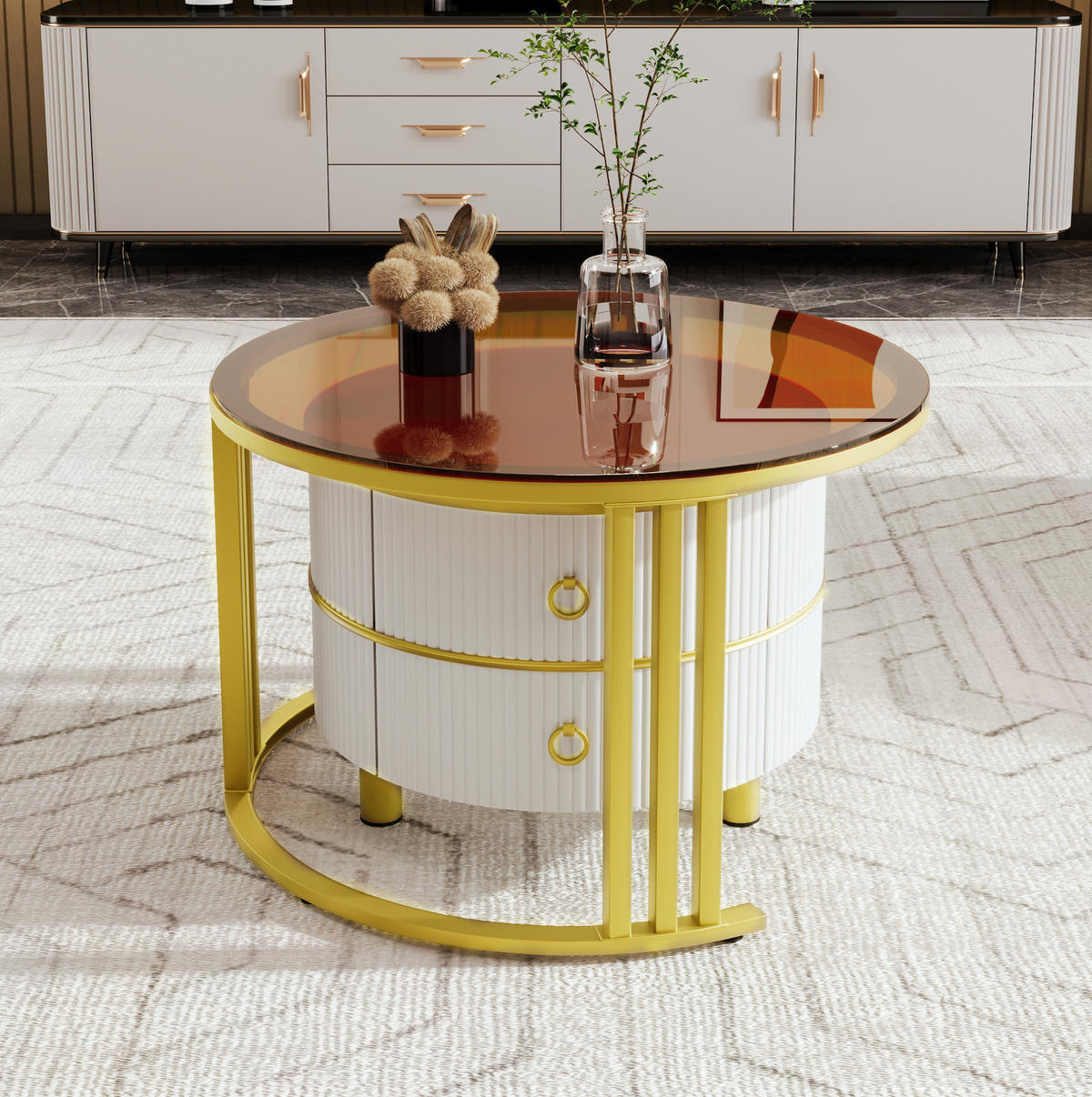 COUCHTISCH-SET aus MDF und Glas 70x70x45 cm Weiß mit 2 Schubladen - Weiß, Holzwerkstoff (70/70/45cm) - IVMEU