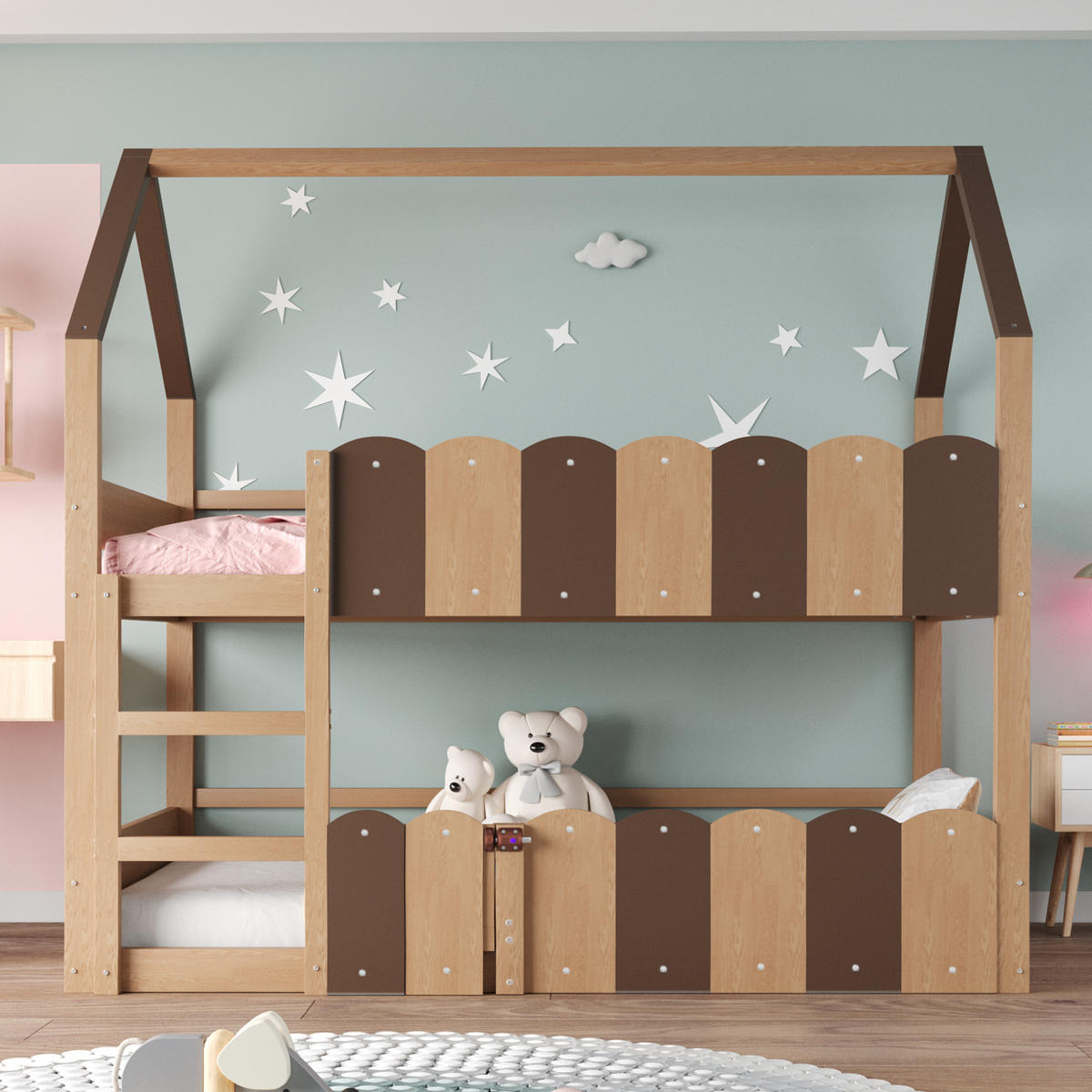 ETAGENBETT 90/200 cm in Natur mit Hausdesign - Naturfarben, Holz/Holzwerkstoff (90/200cm) - WISHDOR