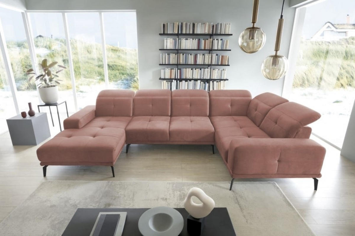 WOHNLANDSCHAFT mit Sitztiefenverstellung, wasserabweisender Nube-Stoff der Spitzenklasse - Schwarz/Rosa, Textil/Metall (210/77/350cm) - Eltap