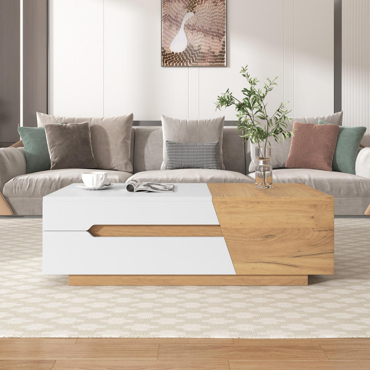 COUCHTISCH ausziehbar mit Schubladen Farbblockstruktur Natur-Weiß - Weiß, Holz (73/65/17cm) - FLIEKS