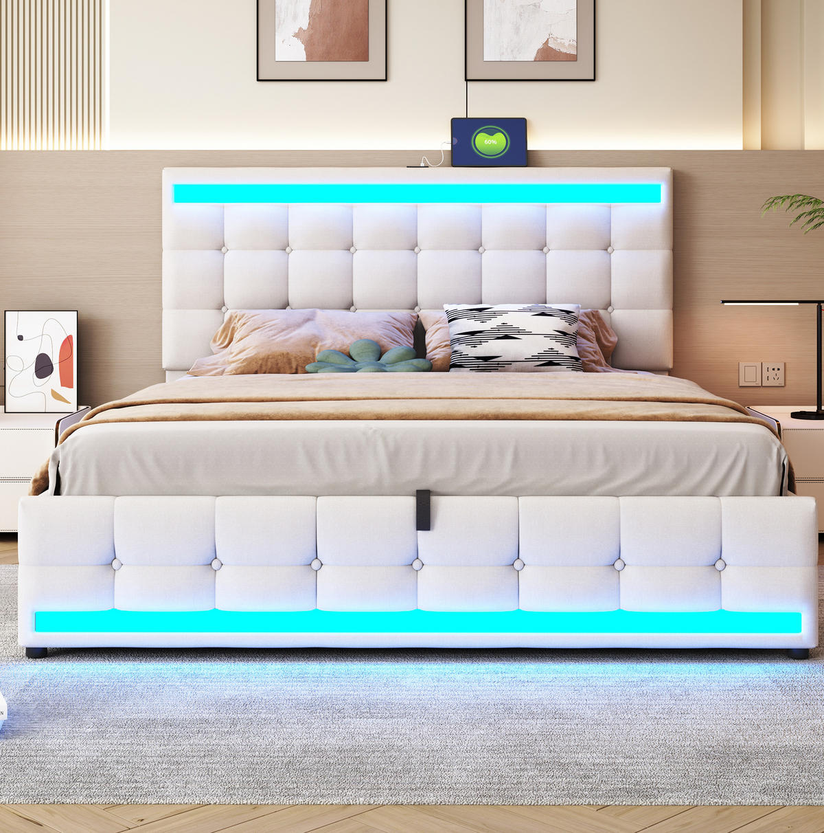 ČALOUNĚNÁ postel 180/200 cm, béžová, lněný vzhled, s LED osvětlením a USB - béžová, textil (180/200cm) - BEAOK
