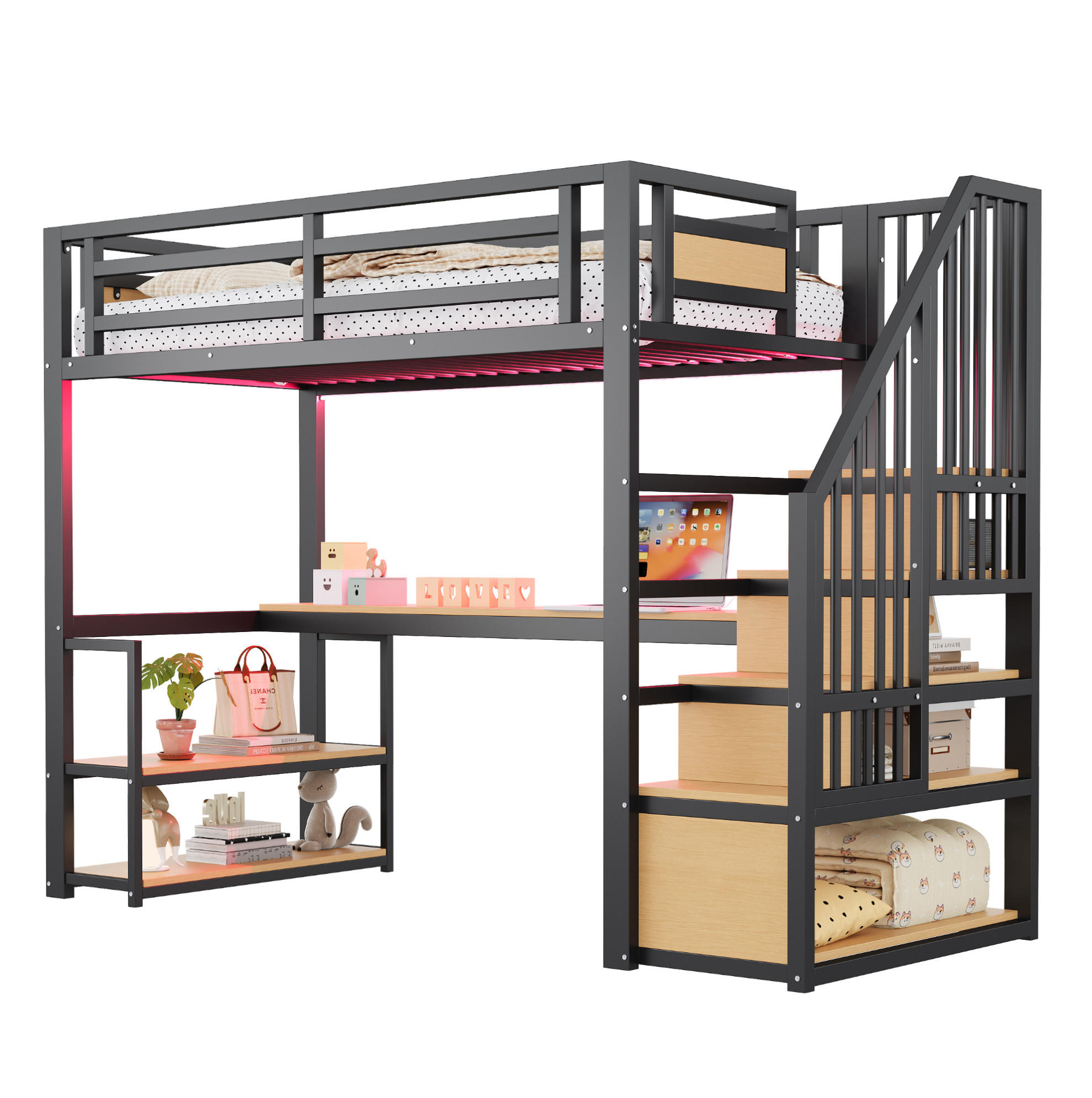 HOCHBETT 90/200 cm aus Metall mit Schreibtisch, Regalen und Leiter, Schwarz - Schwarz, Metall (90/200cm) - OKMYHOME