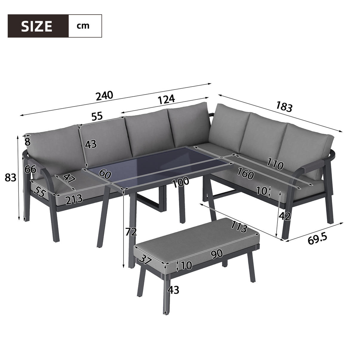 GARTEN-ESSGRUPPE 8 Personen Ecksofa Esstisch Bank Stahl Grau - Grau, Textil - FLIEKS