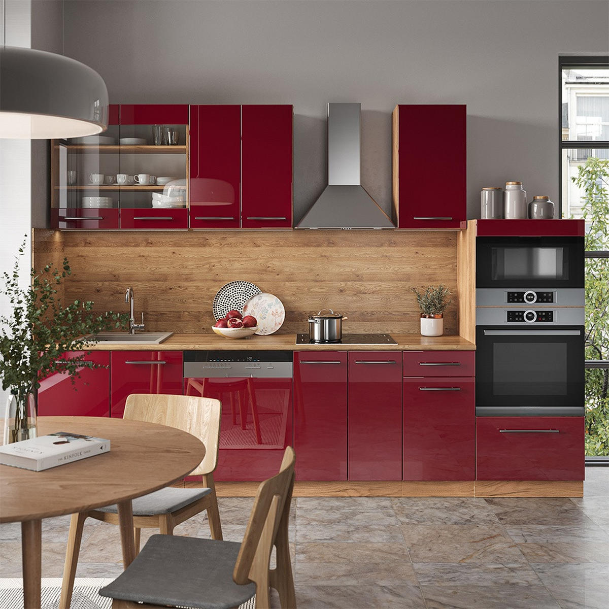 PENTRY Fame-Line Bordeaux högblank/Goldkraft ek 300 cm med högskåp, AP marmor - Bordeaux/Honungsek, Träbaserade material (300/153.6/60cm) - Vicco