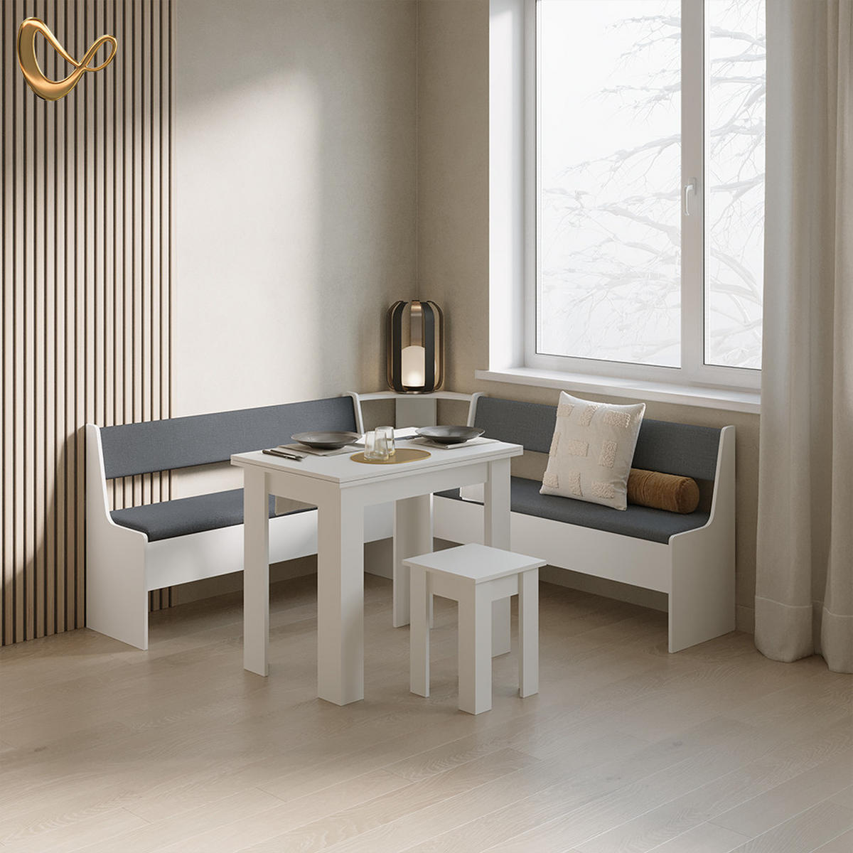 ECKBANKGRUPPE Tiberio Weiß 180 x 180 cm mit Tisch - Weiß, Holzwerkstoff (180/80/180cm) - Livinity®
