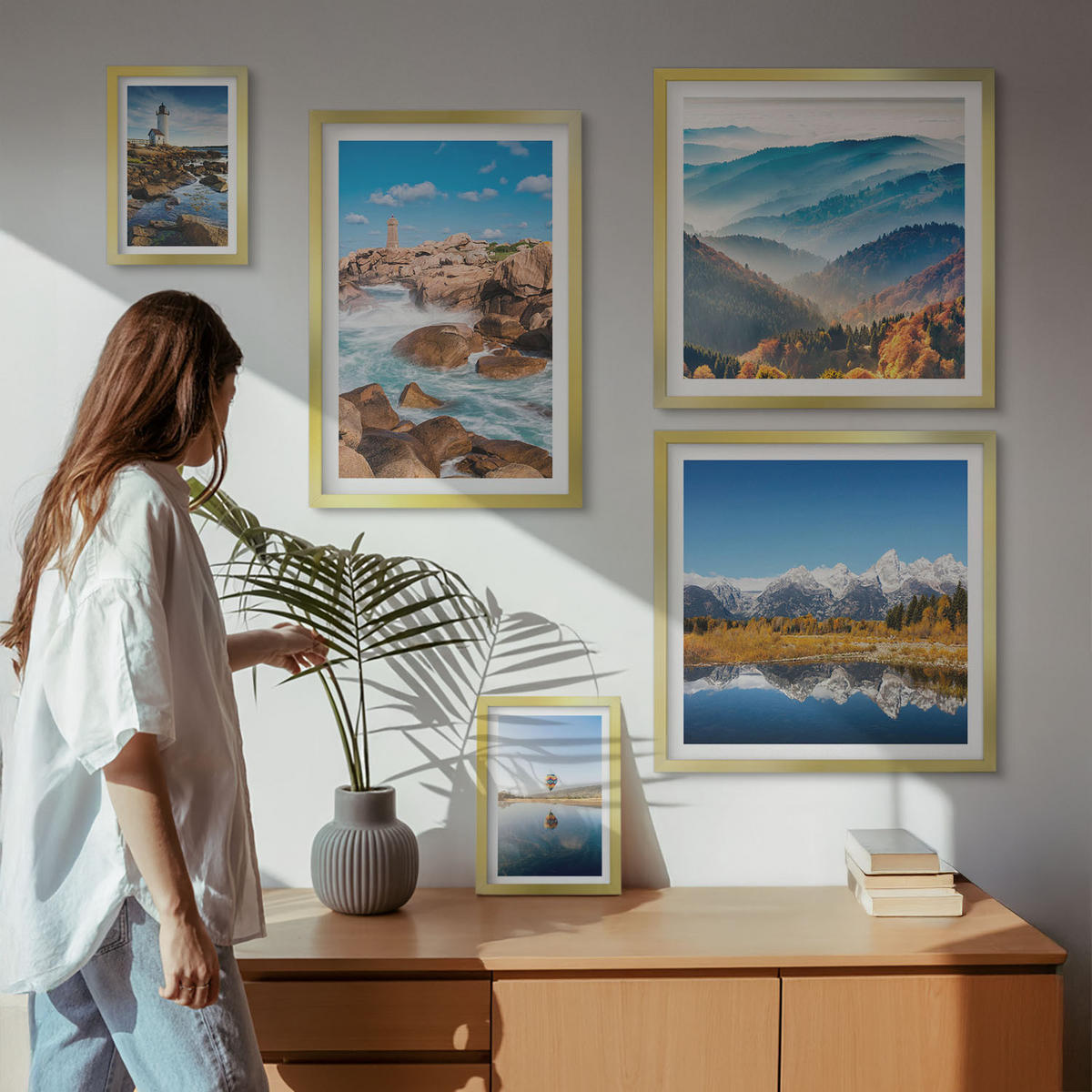 WANDBILDER 5er Set - 50x50 cm & 20x30 cm & 40x60 cm Goldrahmen - Ausblicke auf die Natur, Leuchtturm, Berge - Goldfarben, Kunststoff (40/60cm) - ArtPrintCave