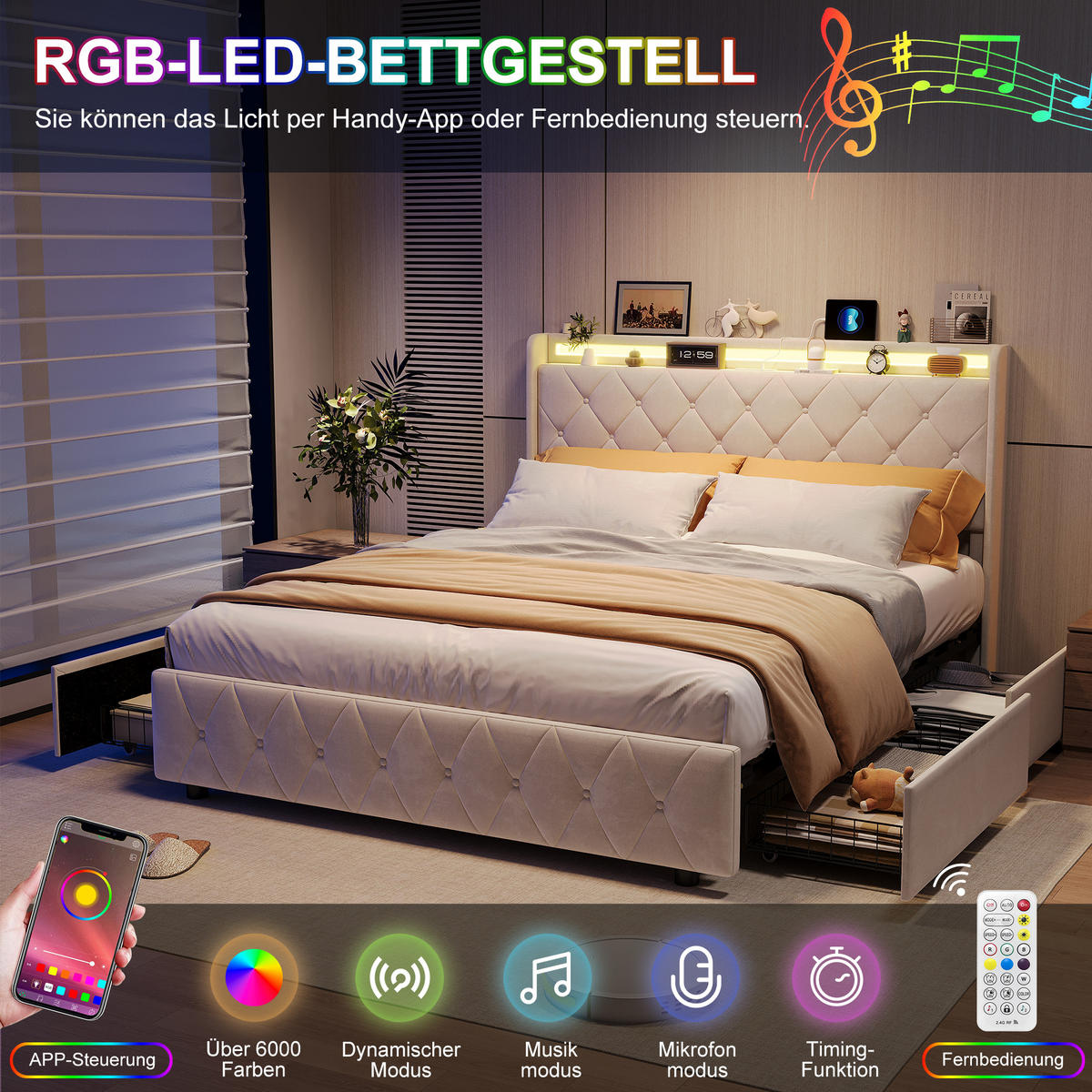 POLSTERBETT 160x200 cm mit 4 Schubladen, LED, USB & Type-C, Doppelbett Kopfteil und Lattenrost, Beige - Beige, Metall (160/200cm) - EuroLiving