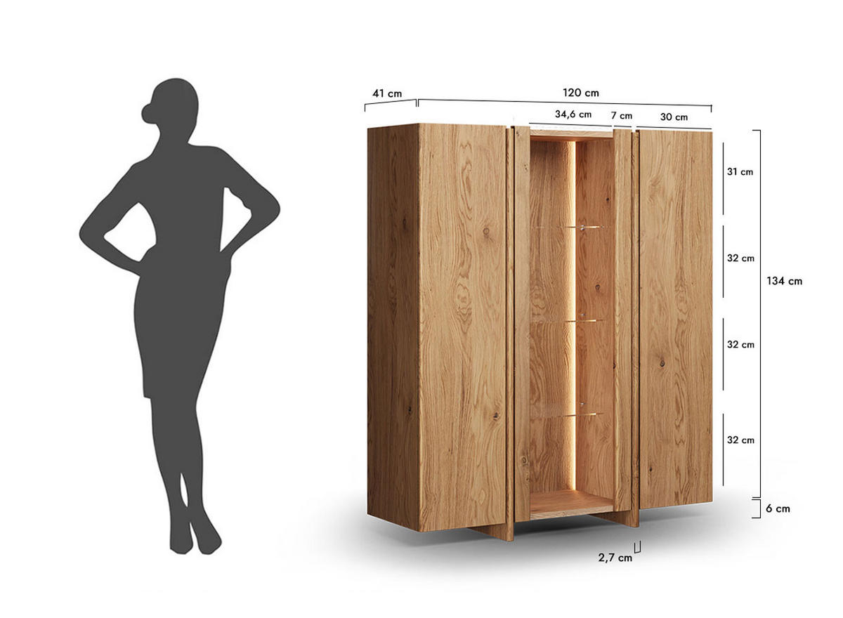 VITRINE Travertino Wildeiche Natur 120 / 41 / 140cm ohne Travertin Naturstein - Wildeiche, Holz (120/140/41cm) - Feldmann-Wohnen